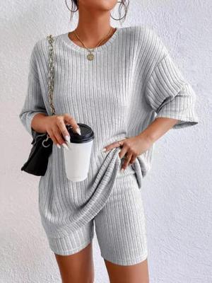 Mode Ledig Enfärgad Vår Rund Hals Lös Damshorts Set