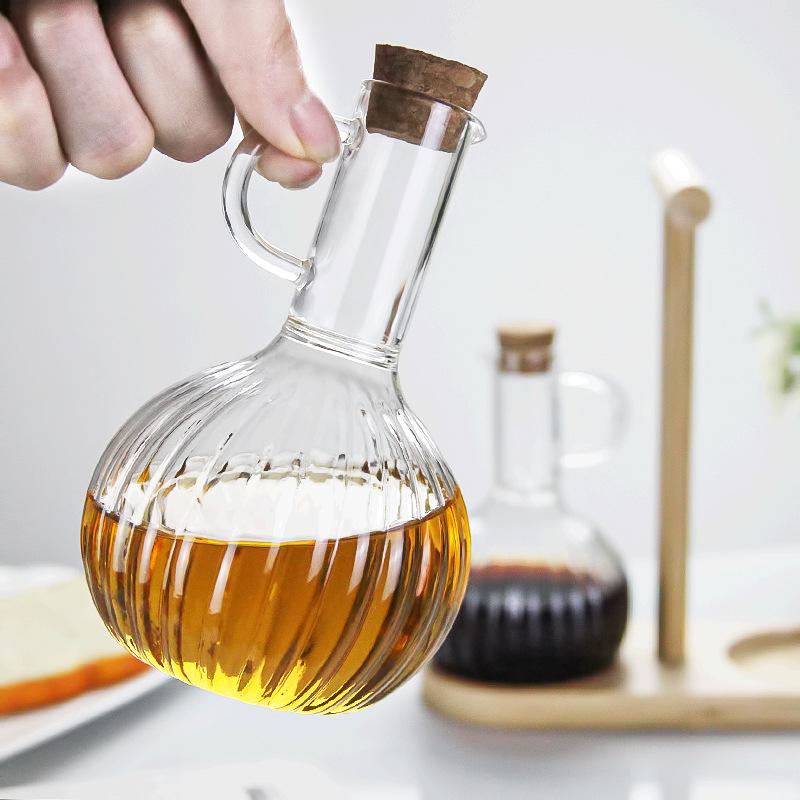 Heat-Resistant Borosilicate Glass Oil Bottle with Cork, Striped Design for Soy Sauce & Vinegar.