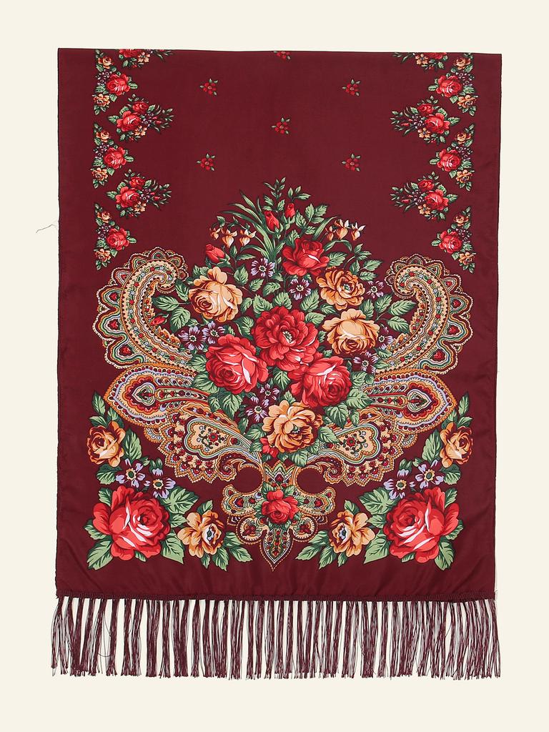 Flower Print Black Tassel Scarf Vintage Windproof Shawl Women Outdoor Windproof Head Wrap Boho Hijab Turban 170*65Cm