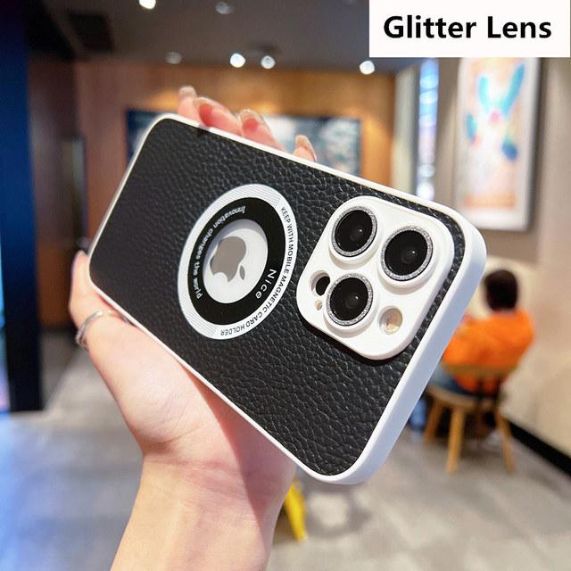 Skórzane logo biznesowe z dziurką etui na telefon Iphone 14 13 12 11 Pro Max 14 Plus 14pro 11 odporna na wstrząsy miękka osłona obiektywu tylna okładka