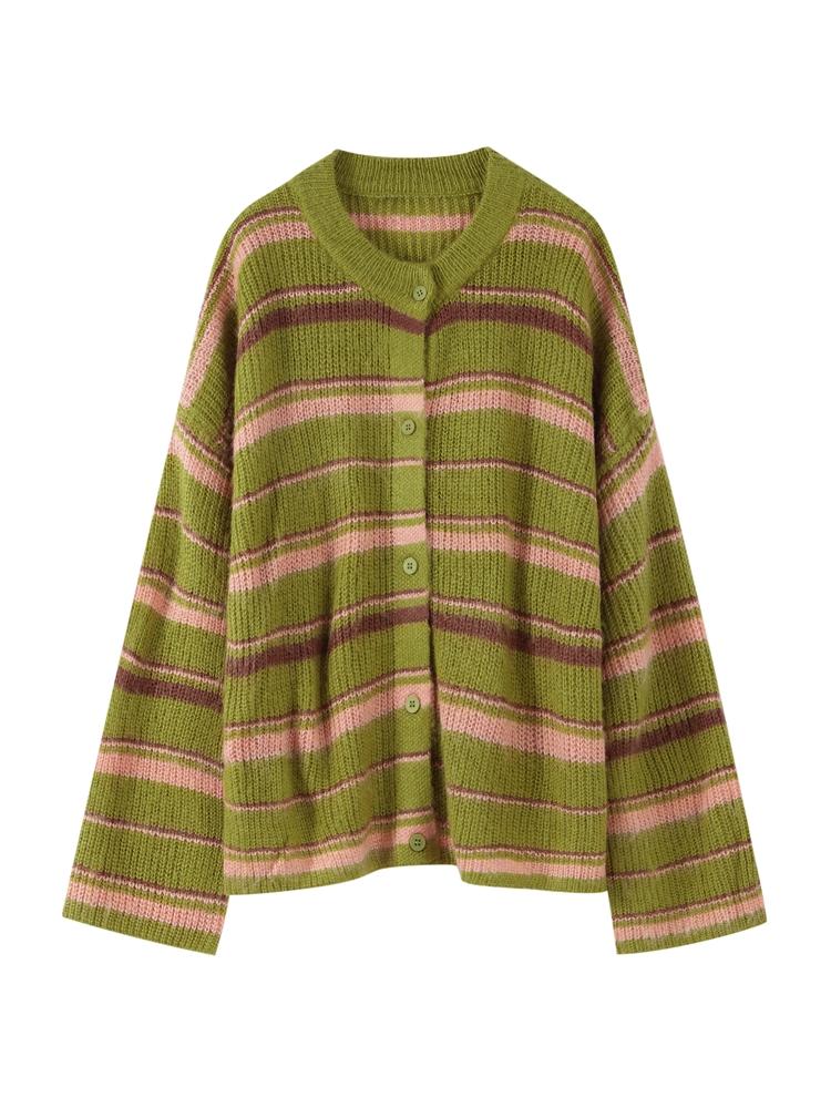 

Женский полосатый вязаный кардиган на пуговицах Женский зеленый свитер-кардиган Повседневный свитер для поездок на работу Вязаная куртка свободного кроя Осень и зима L зелёный