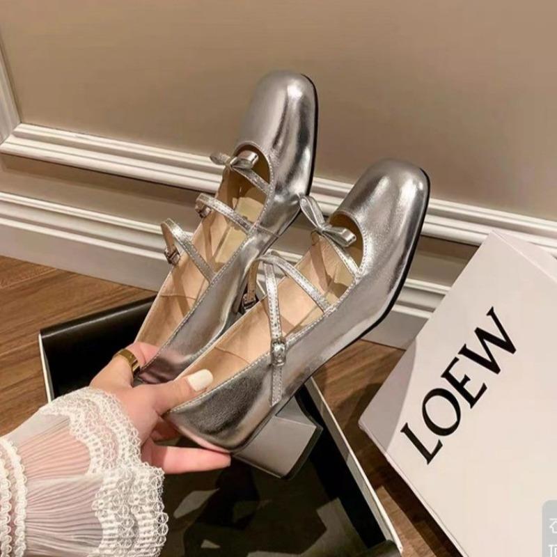 Fashion Silver Mary Jane Shoes Women Summer New Elegant Bow Buckle Single Shoes Women's Leather Square Head Banquet Dress High Heels