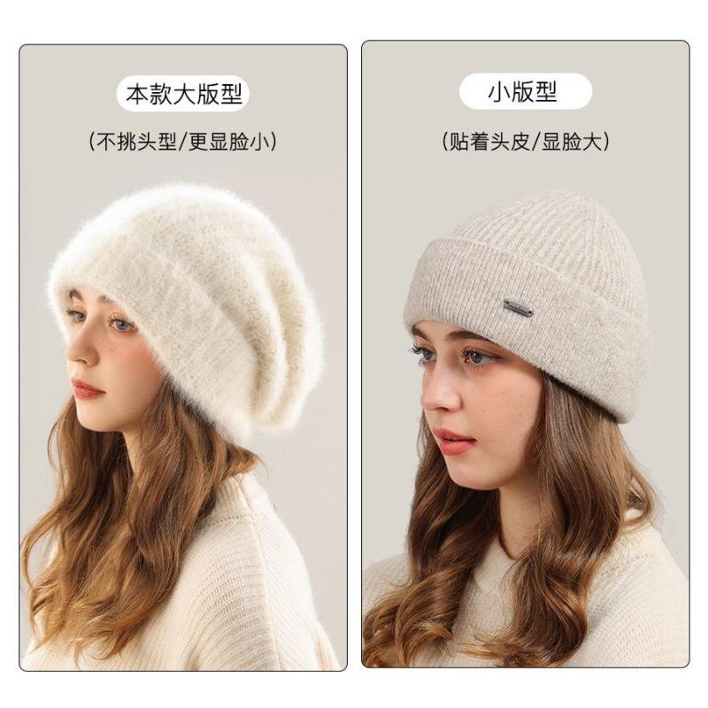 Gestrickte Mütze Damen Herbst und Winter Kaninchenfellmütze weiß warm verdickt großer Kopfumfang gesichtsschmeichelnd klein Plüsch Ohrenschutz Wollmütze