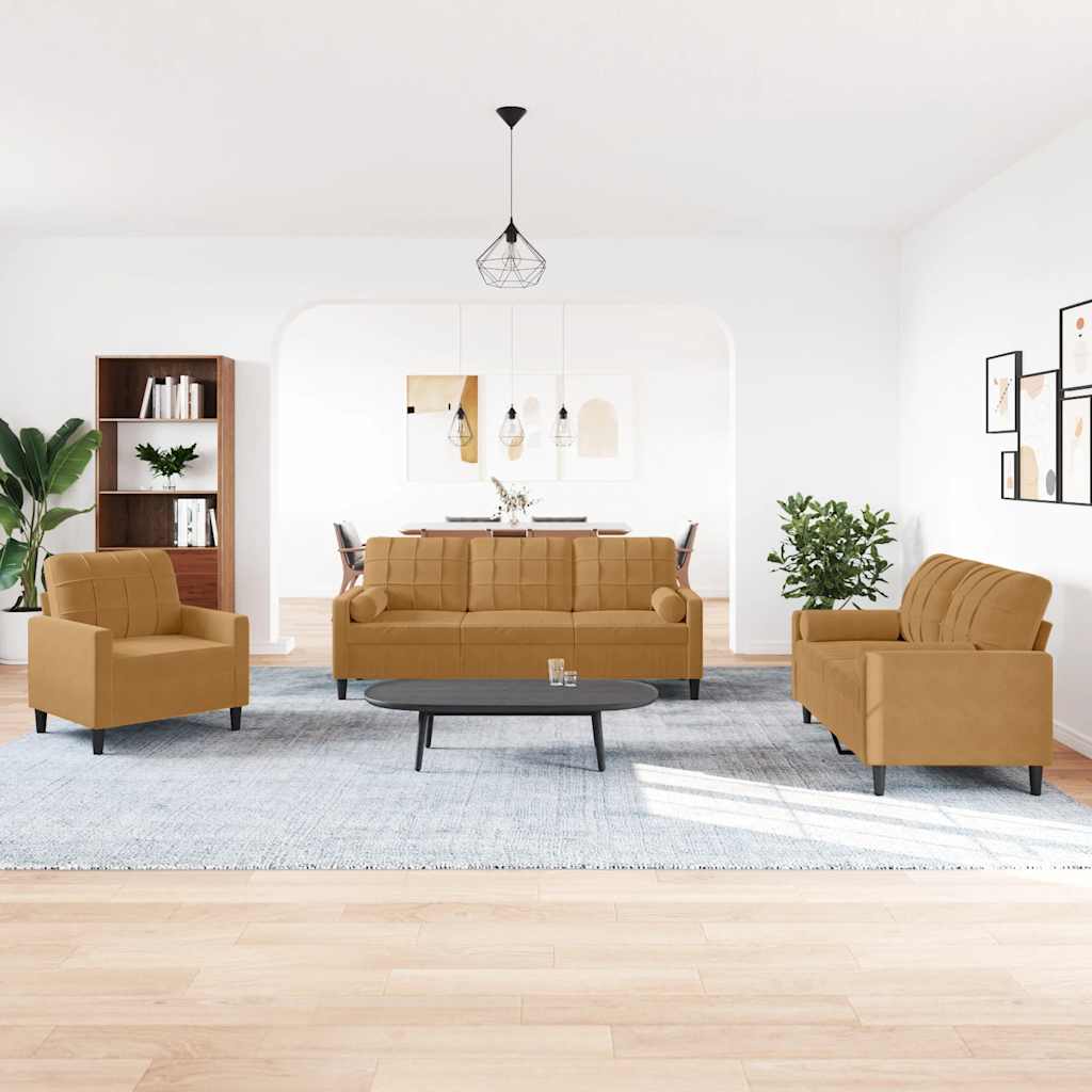 3 Piece Sofa Set with Cushions and Neck Rolls Brown Velvet