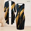 Women Plus Size Black Blue Printed Two Piece Set Long Sleeve Cardigan Sleeveless Bodycon Dress