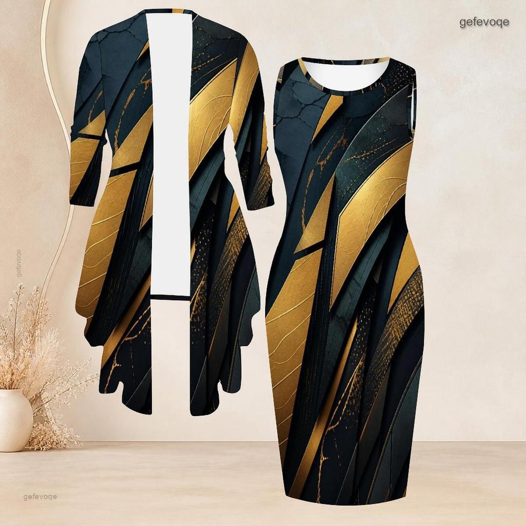 Women Plus Size Black Blue Printed Two Piece Set Long Sleeve Cardigan Sleeveless Bodycon Dress