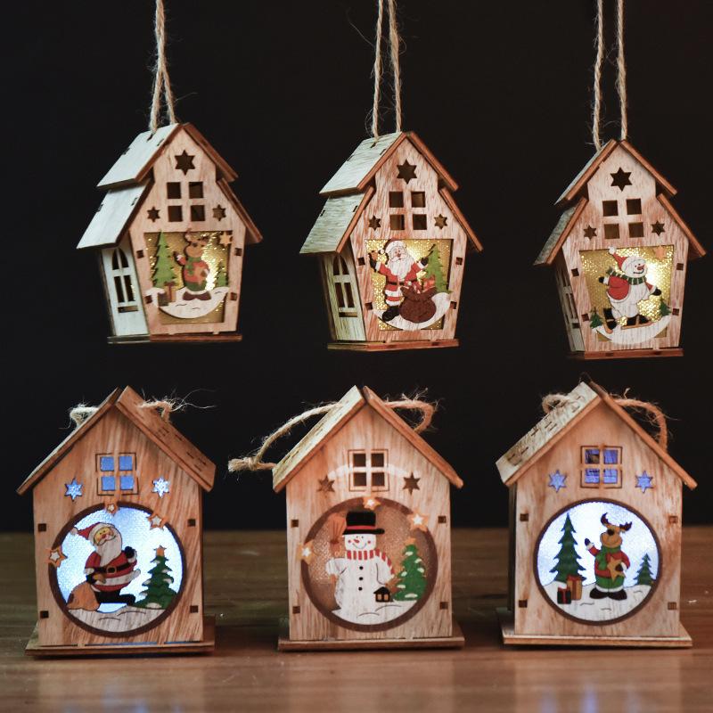 Weihnachts-LED-Licht Holzhaus Niedlicher Baum Hängeanhänger Fensterdekoration Ornamente Kinder Handgemacht DIY Geschenk