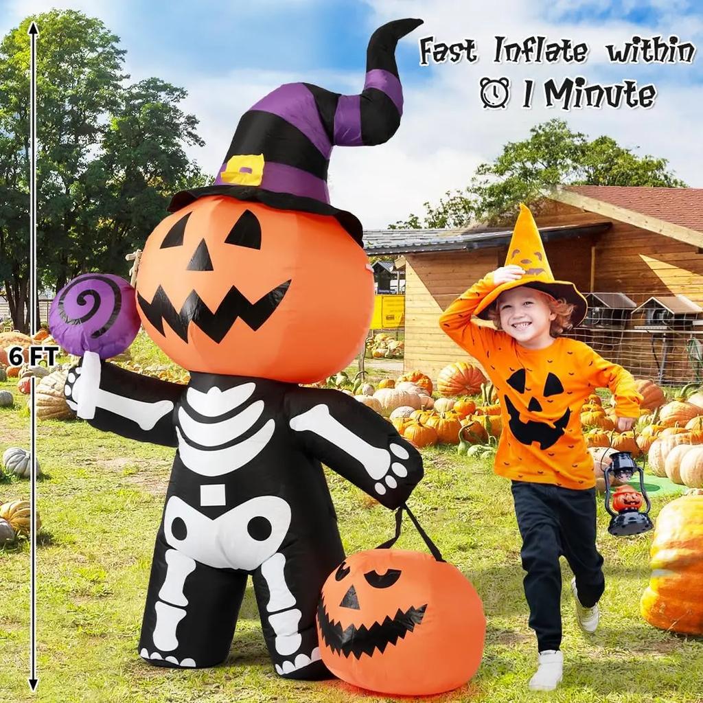 6FT Luminous Halloween Inflatable Pumpkin Skull Body Outdoor Decorations Blow Up Yard Pumpkin for Garden Lawn Party Decor