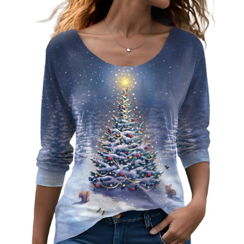 

Топы для женщин с 3D-принтом звездного неба, сосны и кипариса, футболка с круглым вырезом и длинными рукавами, осенний повседневный женский топ с длинными рукавами на Рождество