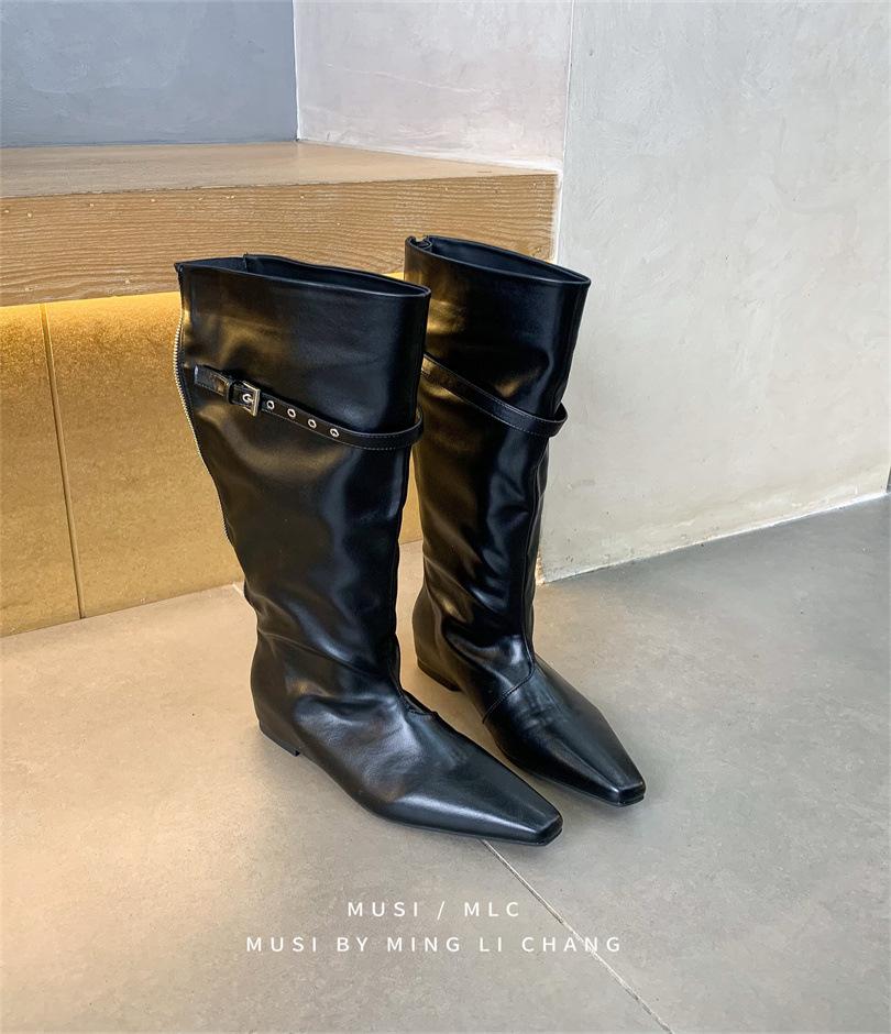 

European and American pointed pleated piled boots women s 2025 autumn and winter new inner height increase large tube circumference high tube knight 39