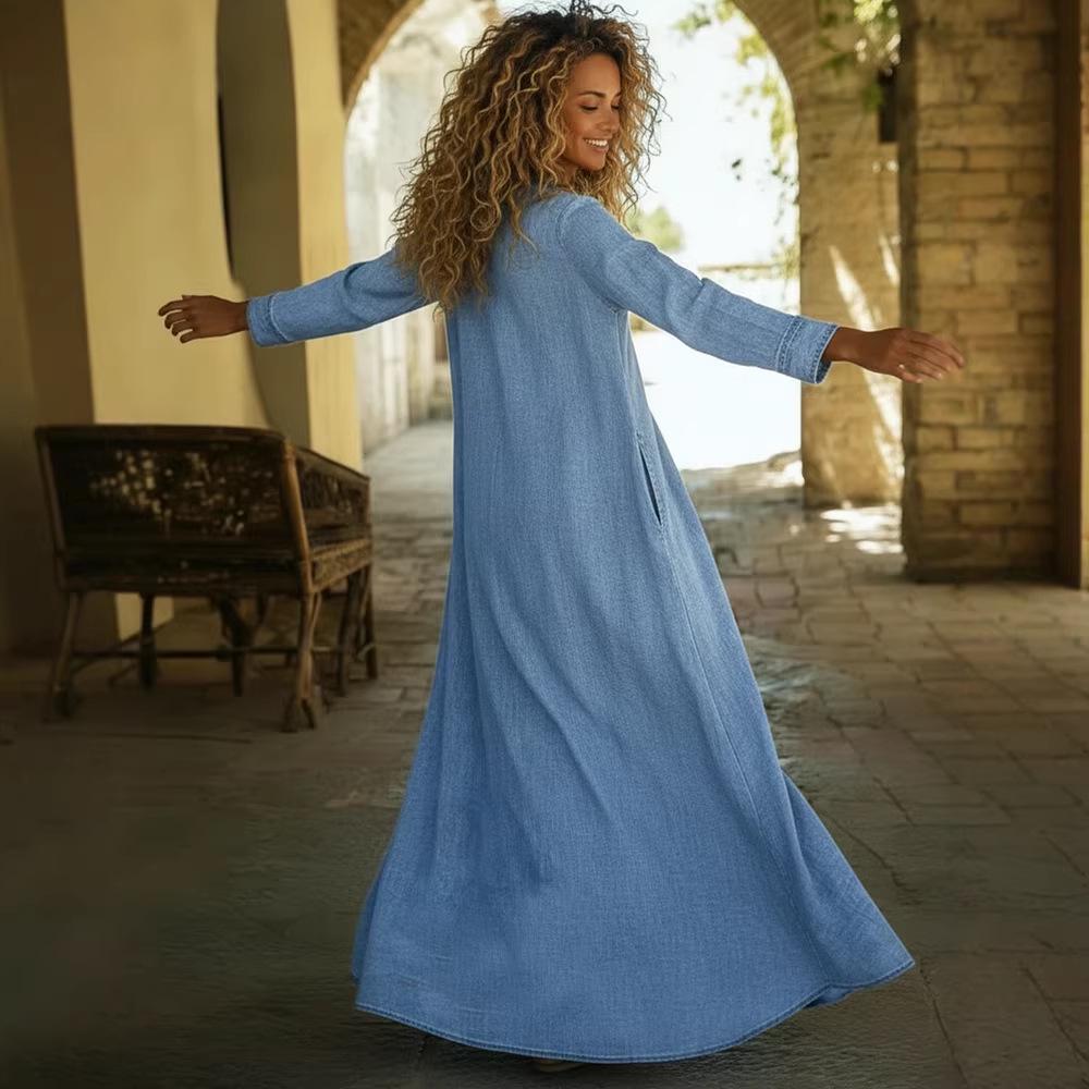 Loose Comfortable V-neck Denim Maxi Dress with Pockets
