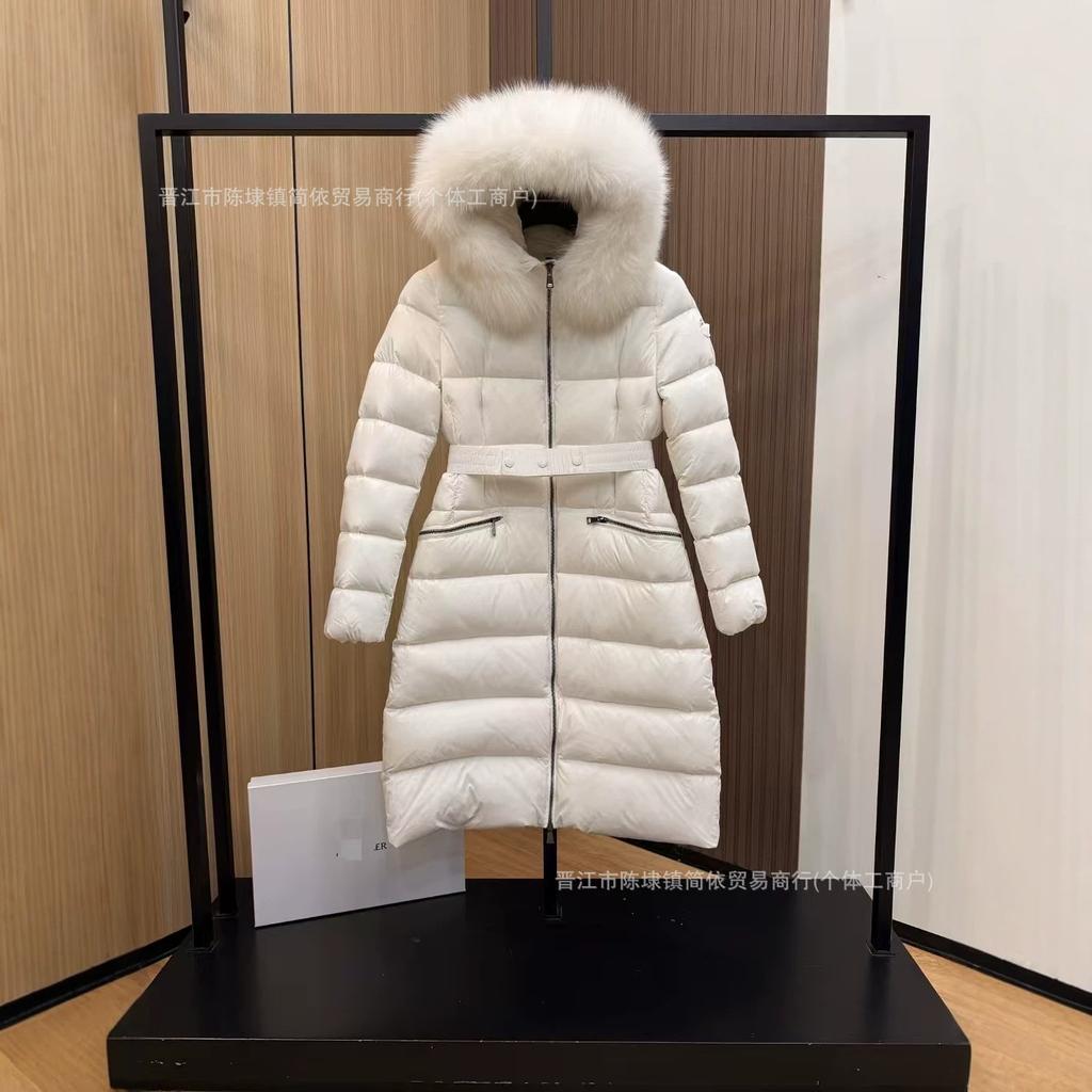 Standard autumn and winter Boedic waist big fur collar hooded long slim down jacket women's coat