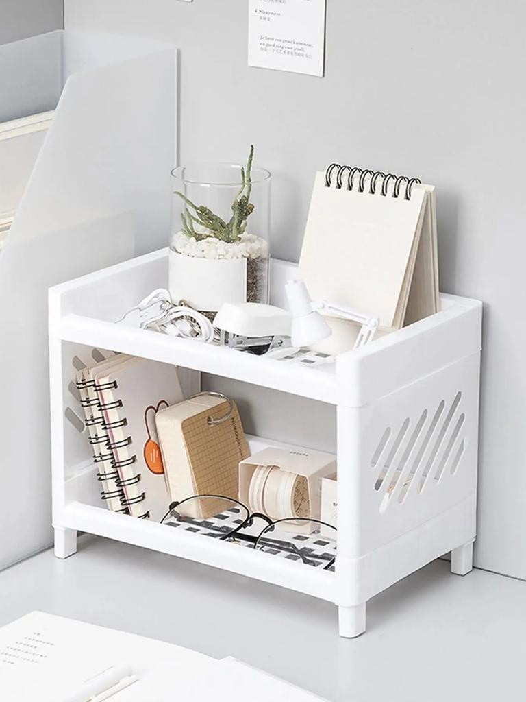 1PC PP Desktop Double Layer Storage Rack Rectangular White Organizing Student Desk Office Cosmetics Stationery Drawer Organiser