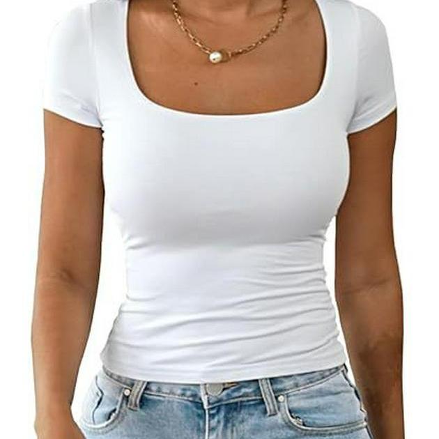 Dames 2025 Sommer U-hals Slim Casual T-skjorte - Kort Ermet Mote Pullover