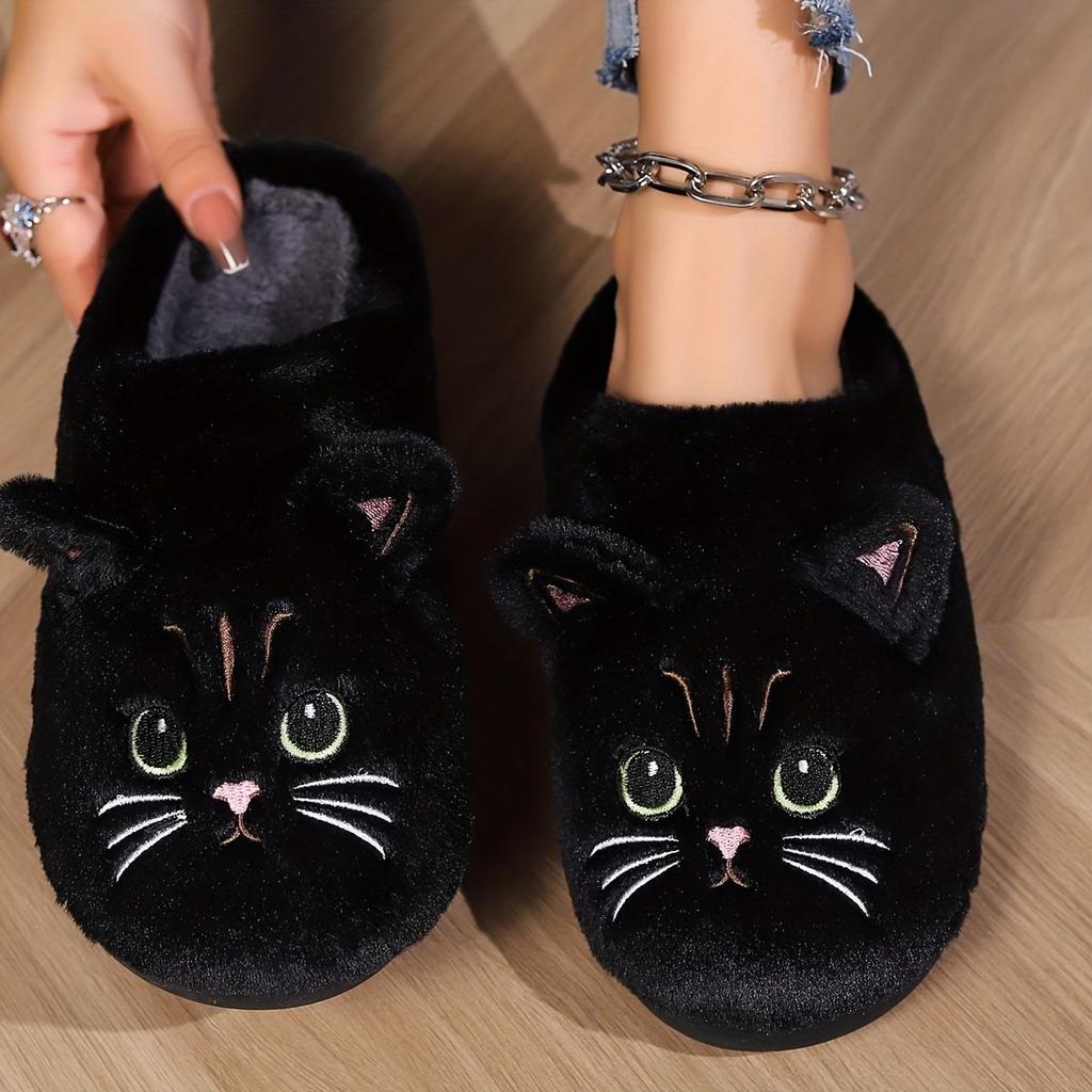 Black Soft Plush Open-Toed Cat Face Slippers for Indoor Comfort