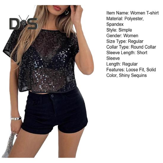 Női póló Kerek nyakkivágás Rövid ujjú Csillogó flitteres póló Laza szabású Áttört dizájn Alkalmi Légáteresztő felsők