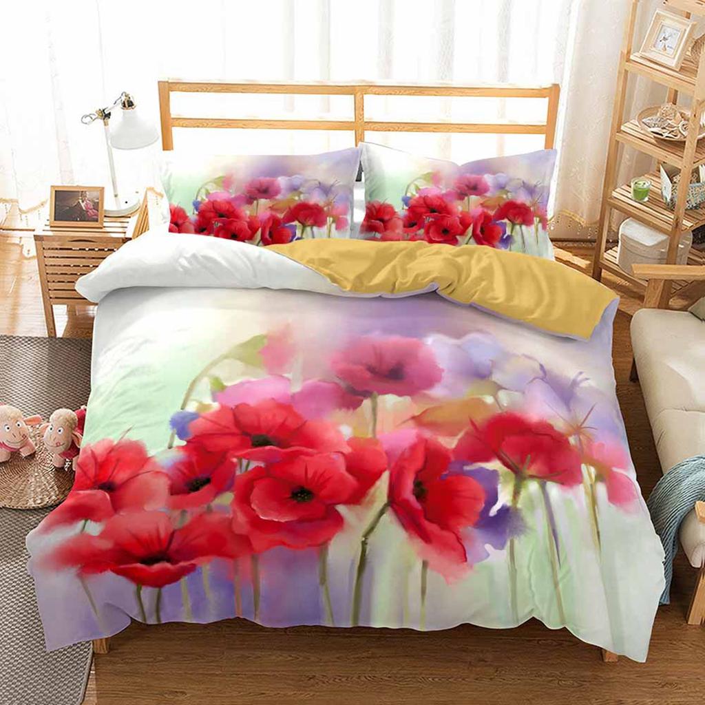 Floral Bedding Set 3D Printed Spring Fragrant Flowers Skin-Friendly King Queen Size Duvet Cover Set with Pillowcase for Girls