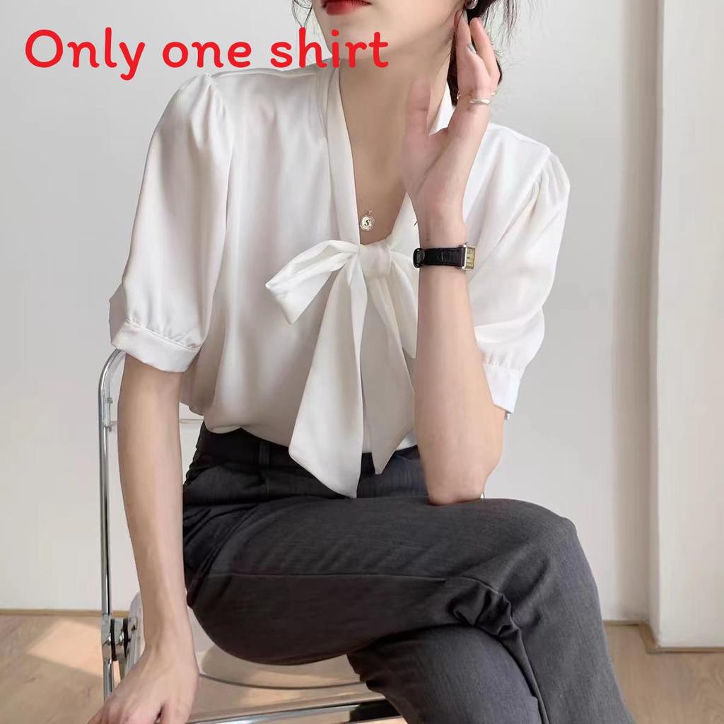 Blue Bowknot Shirt With Satin Fabric And Tie Detail For Office Women