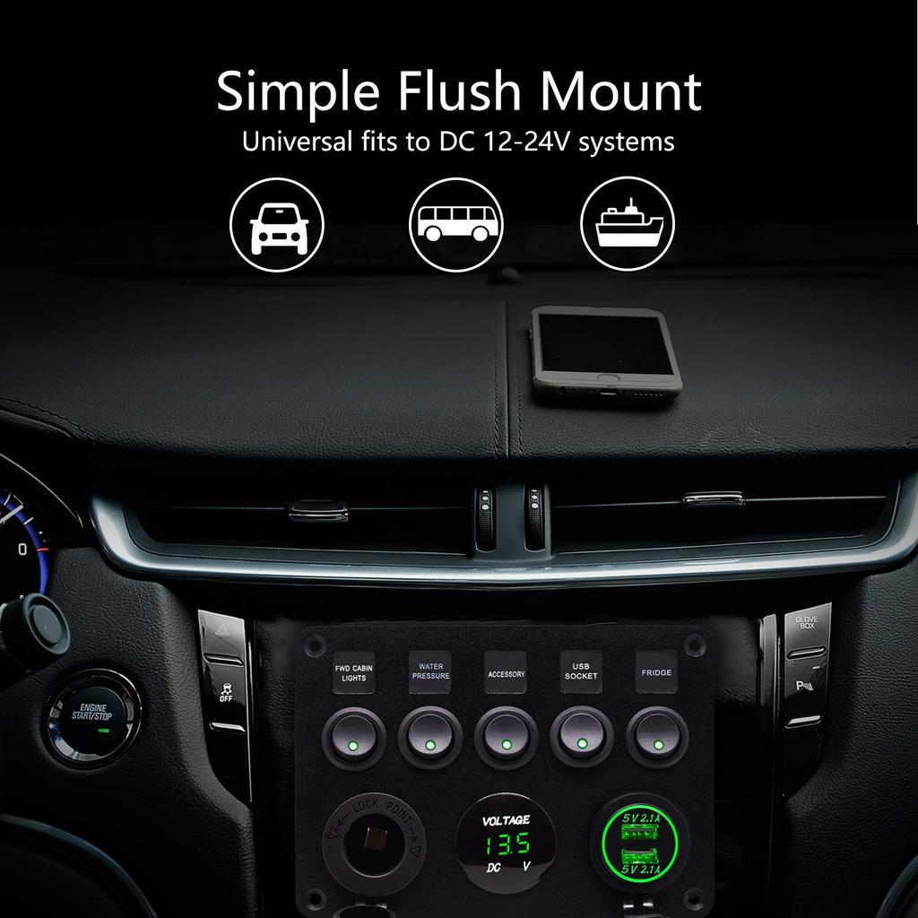 Marine Switch Panel Waterproof + Cigarette Lighter Socket + Dual