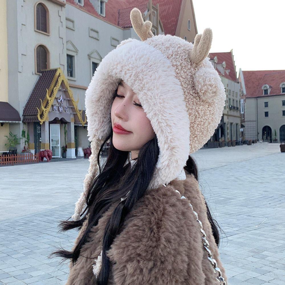 

Warm Ear Protection Hat Winter Velvet Bucket Hat Thickened Plush Antler Hat Women