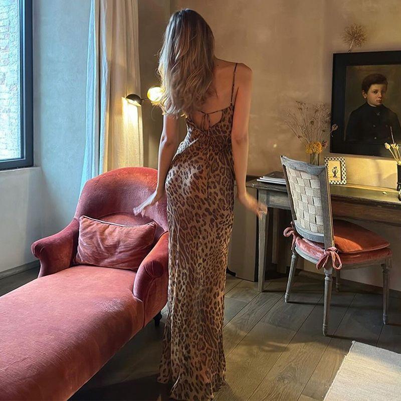 European and American Spring Summer Women Clothes Cross-Border Hot New Long Dress Sling Exposed Back Slim Fit Leopard Dress Evening Dress