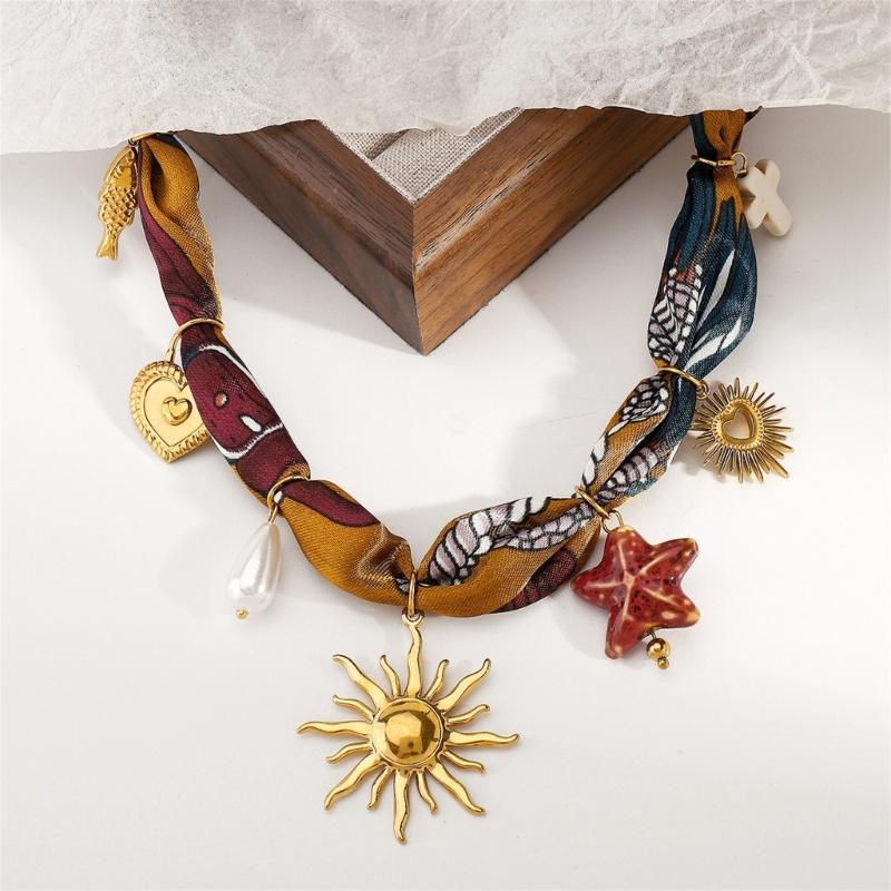 Trendy Multicolor Scarf Necklace Featuring Heart Star Sun Pendant Creative Stainless Steel Neckwear Accessory