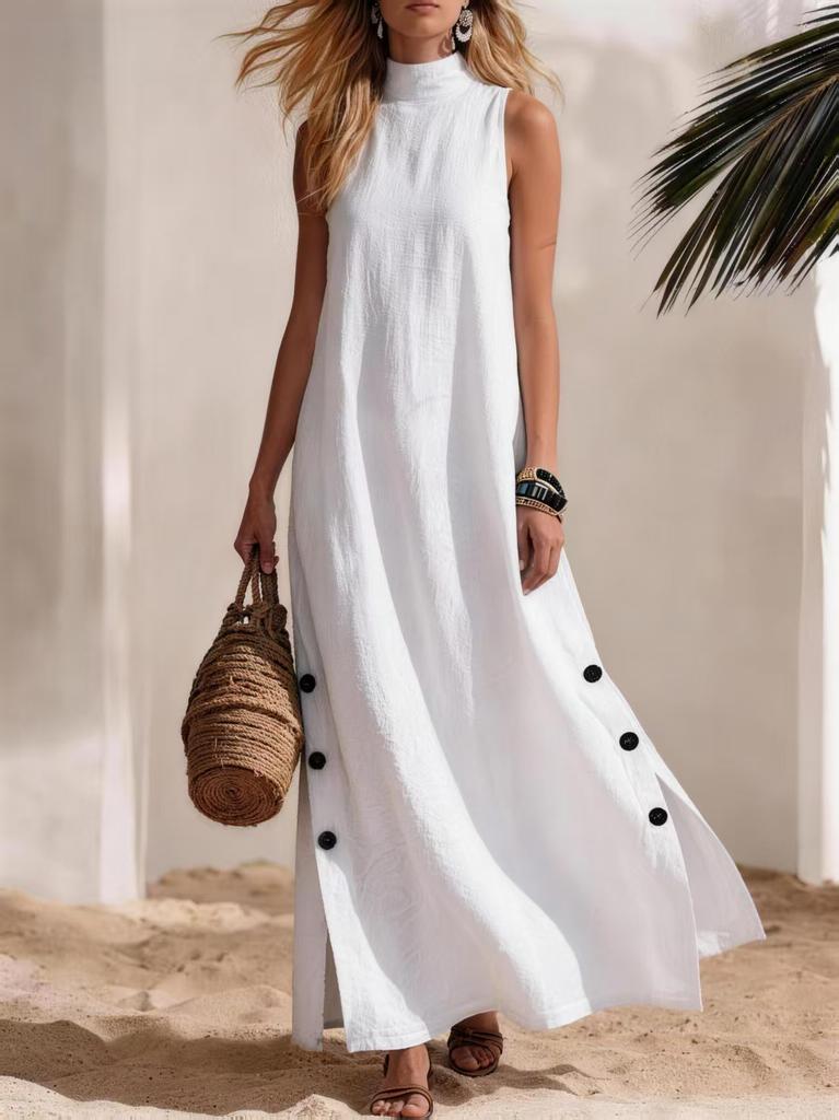 2026 In-stock New Arrival, European and American Cross-border Women's Beach Resort Casual Solid Color Cotton-Linen Sleeveless Side Slit Mid-Length