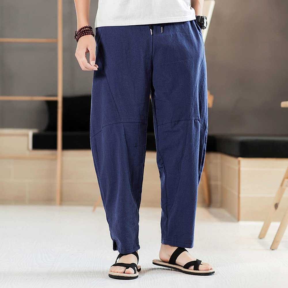 [Aaronlive] Men's Linen Sarouel Pants, Plain, Popular Casual Pants, Adjustable Drawstring, Plus Sizes, Wide Leg Pants, Relaxed Fit, All Seasons (Sprin