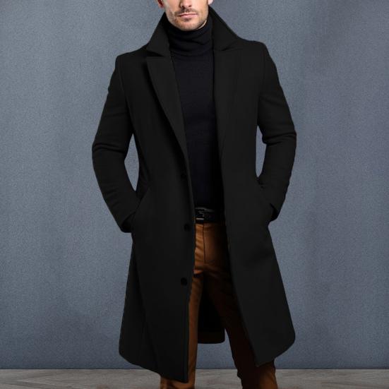 Men Solid Color Woolen Coat Autumn Winter Mid-Length Windbreaker with Pockets Lapel Long Sleeve Single Breasted Formal Outwear
