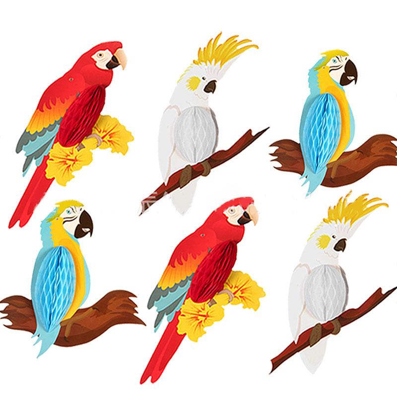 6 szt. Papuga Kula Plaster Miodu Dekoracja na Imprezę Hawajską Kolorowe Ptaki Zawieszki Dzieci Szczęśliwe Lato Tropikalne Aloha Hawajska Dekoracja na Imprezę