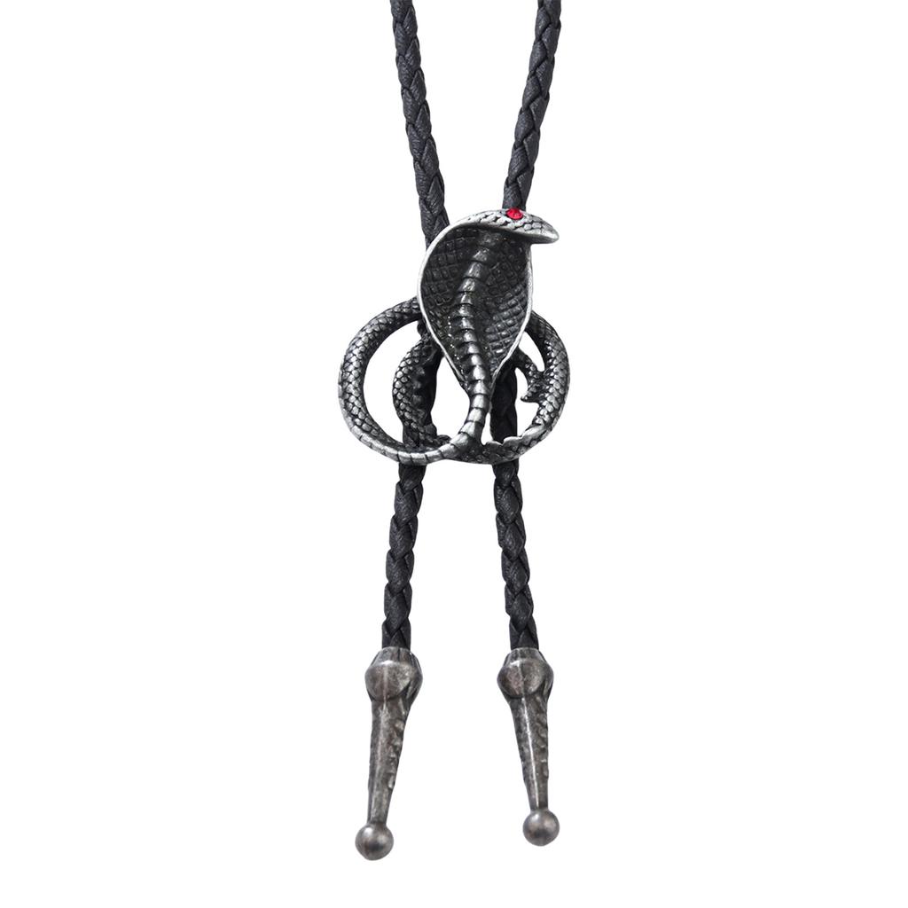Western Punk Bolo Tie Vintage Antiqued Metal Cobras Snake Pendant Shirt Chain Collar Necktie Faux Leather Rope Necklace