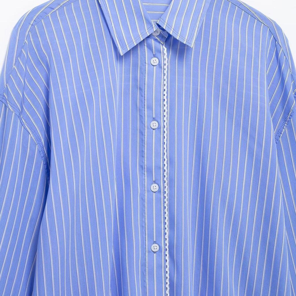 2025 Spring Women's Striped Poplin Loose Fit Shirt with Turn-Down Collar