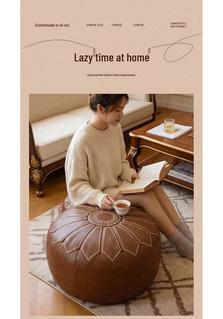Solid Color Leather Storage Stool with Non-slip Base – Pumpkin Shape Upholstered Ottoman for Living Room or Garden.