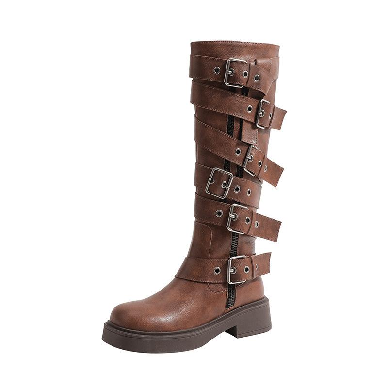 Wasteland Wind Boots 2025 New Women's Shoes Thick Sole But Knee Fat Mm Round Head High Boots Widened Locomotive Boots
