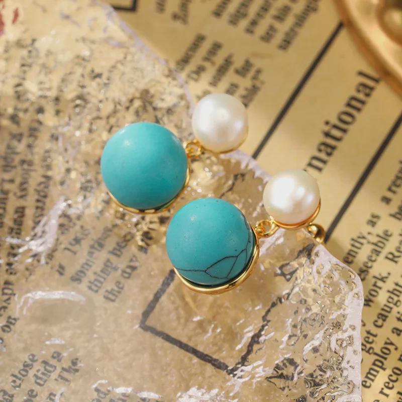 Sterling Silver Freshwater Pearl and Turquoise Retro Earrings - Unique Autumn/Winter Design