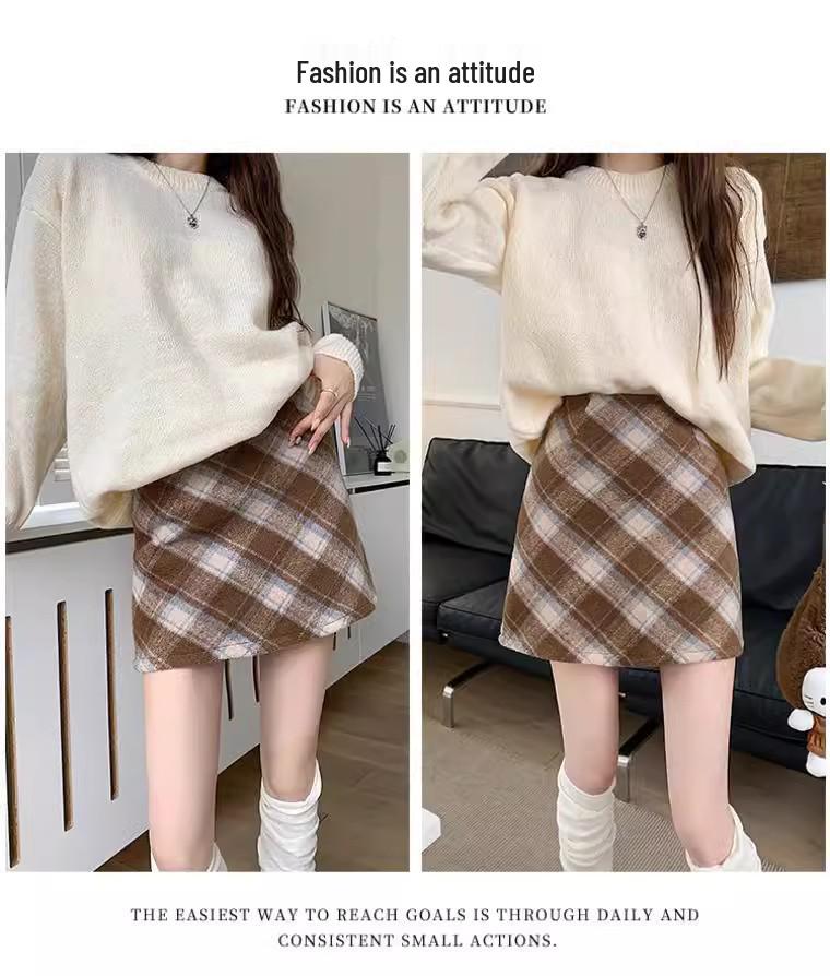Plaid Woolen High-Waist A-Line Hip-Hugging Skirt - New Women's Collection for Early Autumn/Winter 2026