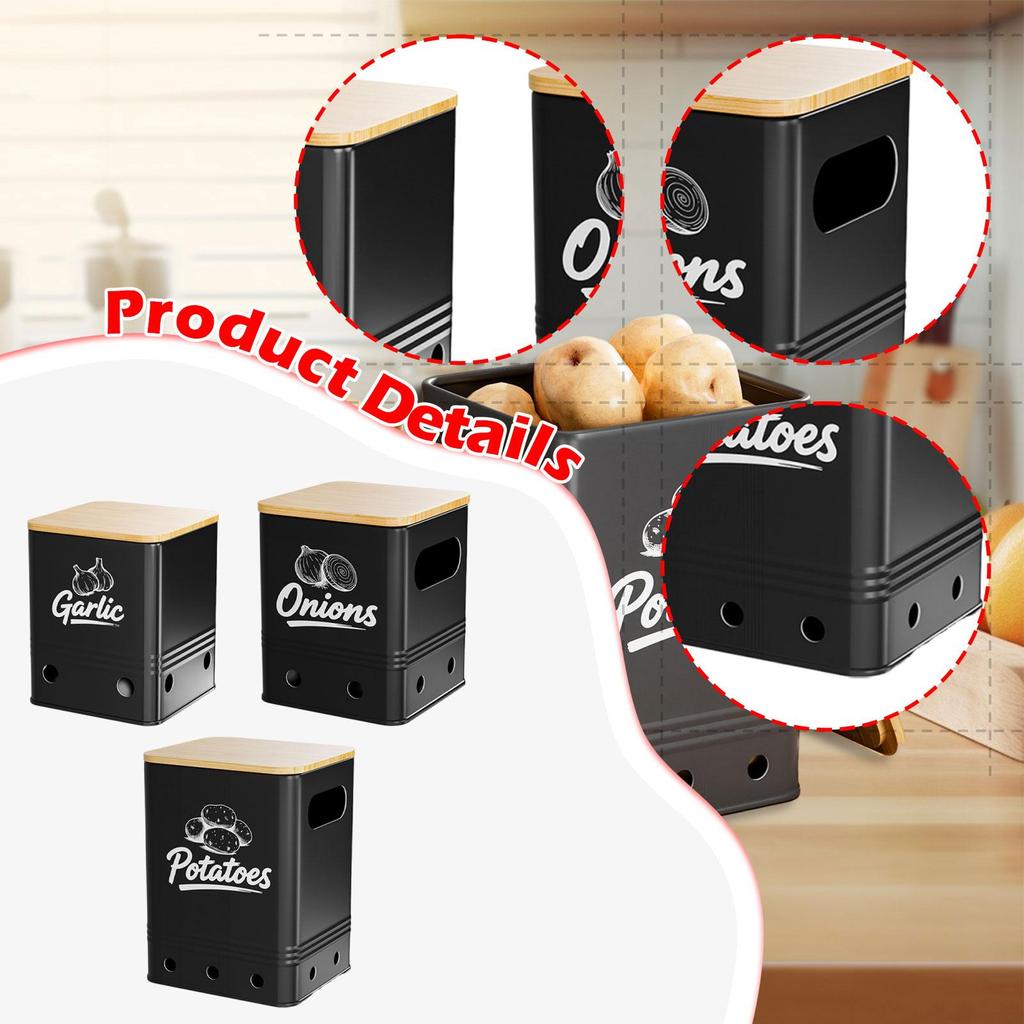 Iron Bamboo Potato Onion Garlic Storage Bins 3 Piece Organizer Set with Vent Holes for Home