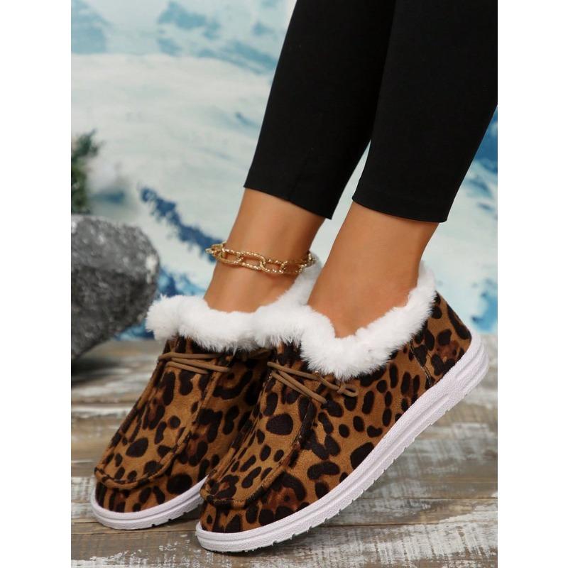 Dámské boty nadměrné velikosti s leopardím vzorem, podšité fleecem, střední výška, zimní novinka, nazouvací, měkké, teplé