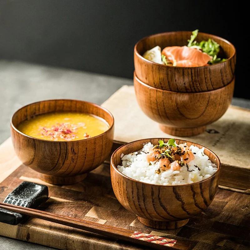 4Pcs Wooden Bowls Japanese Rice Soup Bowl Natural Wood Bowl Set Home Restaurant Dining Serving Bowls for Food Ramen Tableware