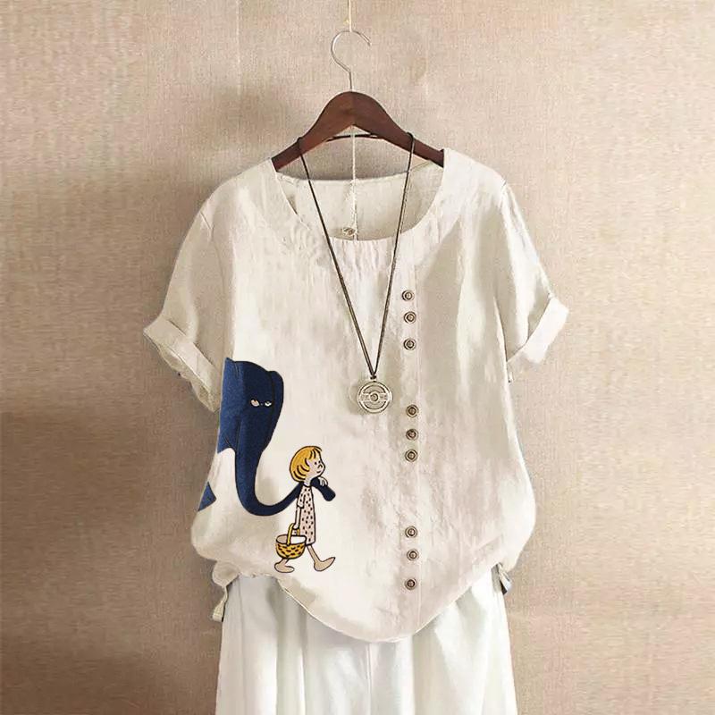 GMXIA Summer Vintage Plus-size Casual Loose Cotton and Linen Short Sleeve Pullover T-shirt Cotton and Linen Women Plus-size Women's Wear