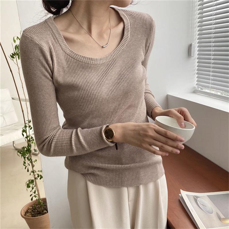 Autumn and winter new simple and versatile knitted bottoming shirt women's soft waxy temperament slim-fitting round neck pullover sweater inner