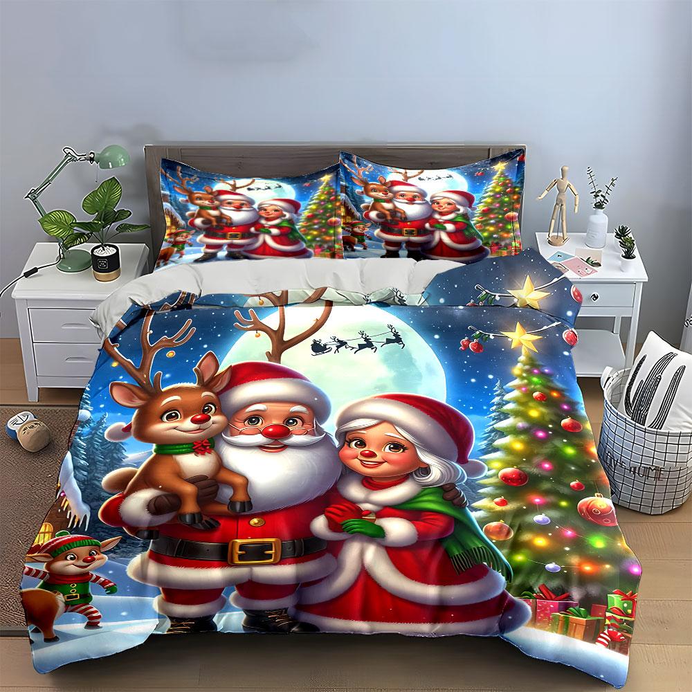 Christmas Santa Claus Family Scene Bedding Duvet Cover Set Duvet Cover Pillowcases (1*Duvet Cover 2*Pillowcases, Without Duvet Insert)