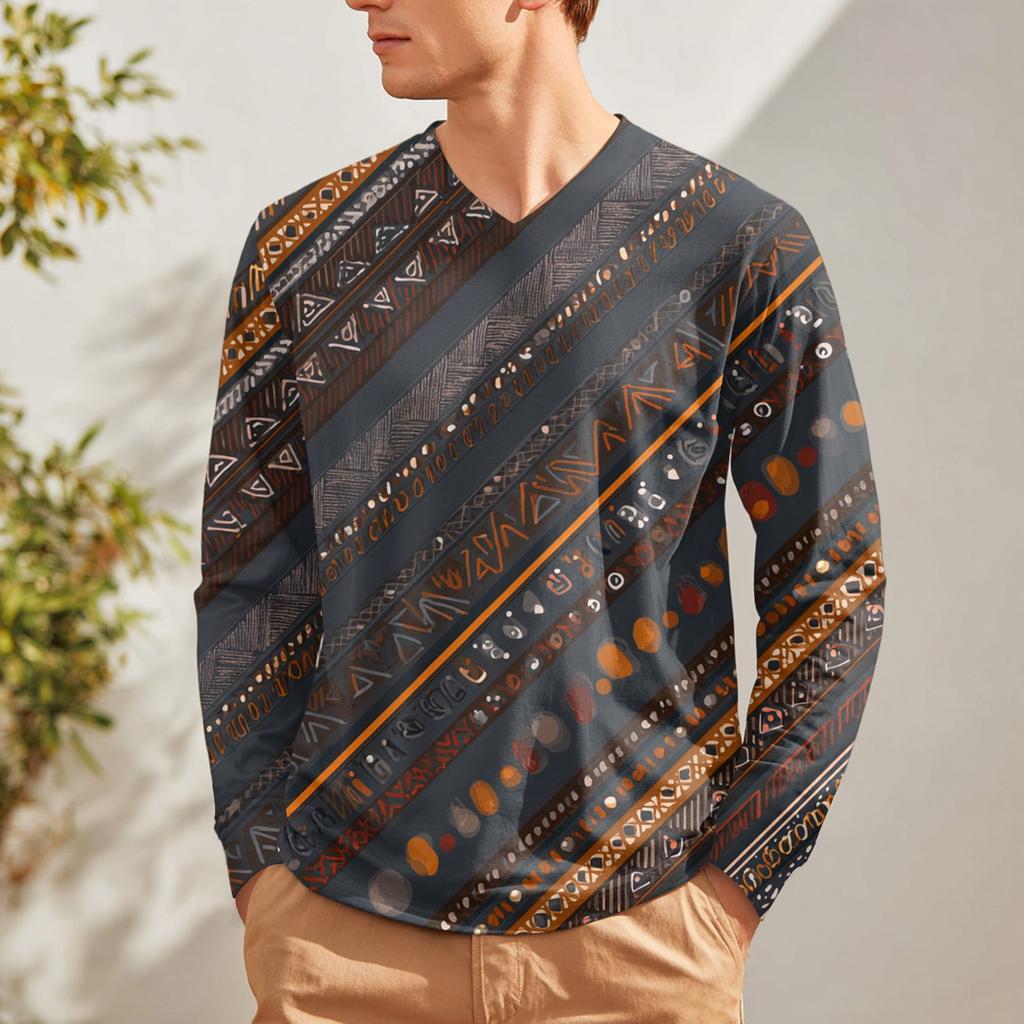 Men's V-neck Casual Fashion Printed Long-sleeved T-shirt Top