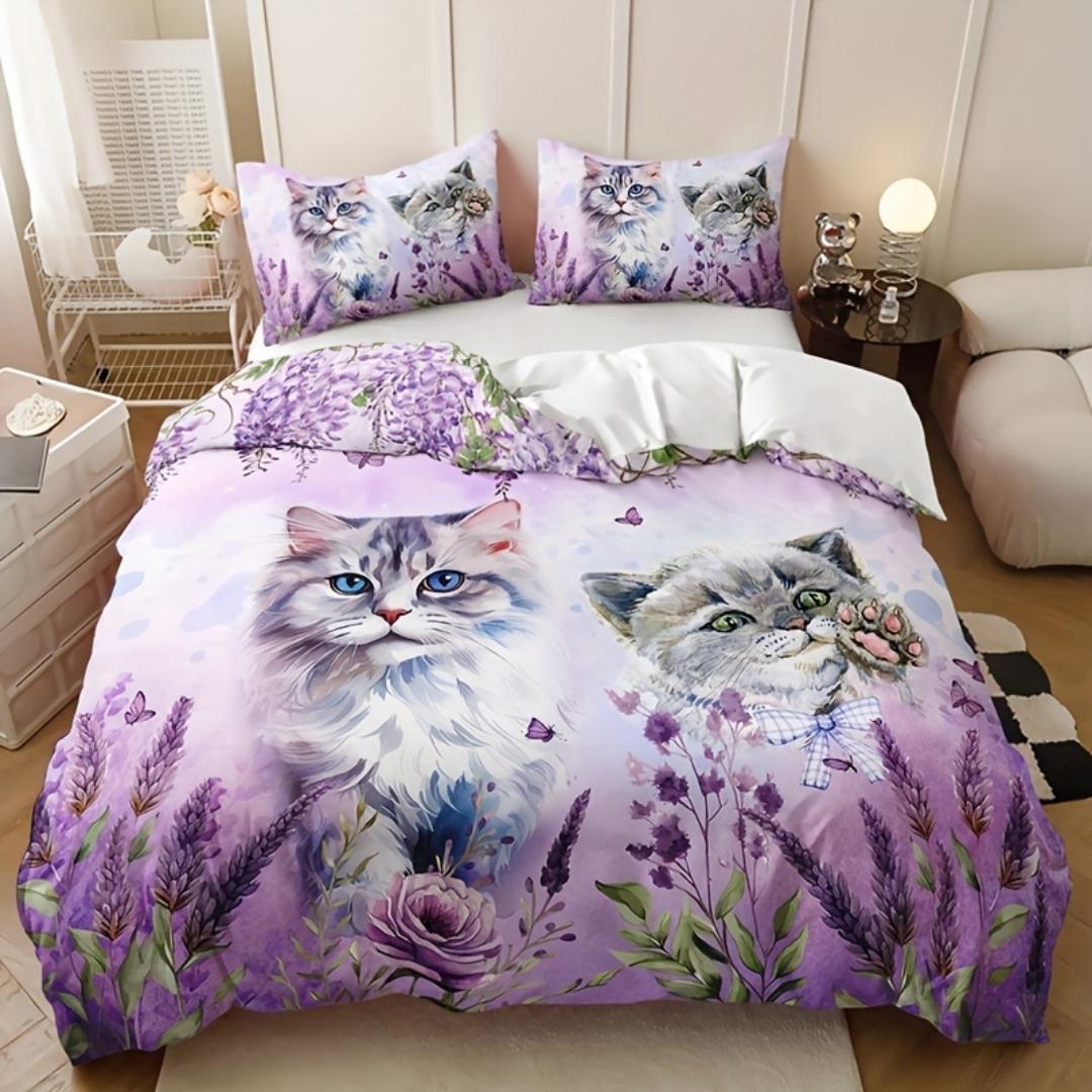 

Bedding Set Purple Lavender Lovely Cat 3D Print Soft Comfultable Duvet Cover King Queen Twin Single Size Bithday Gift for Girl EU Single 135x200cm