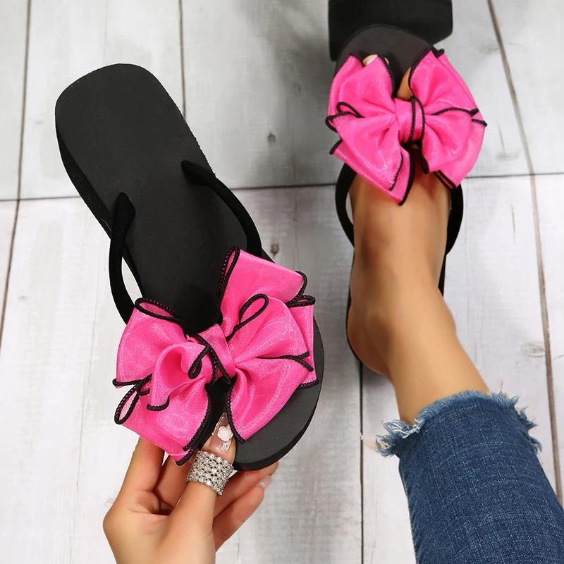 Fashion Stylish Butterfly-Knot Decro Flip Flops Women New Patchwork Med Heels Slippers Woman Vacation Beach Soft Bottom Sandals Mujer