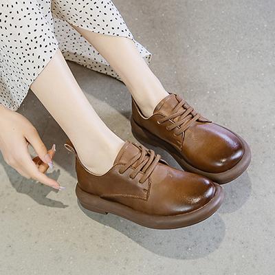 Frühling Neuer Stil Rindsleder Freizeitschuhe für Damen Gummi Weiche Sohle Schnürschuhe Lederschuhe Echtes Leder Retro Flache Schuhe 35-40