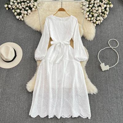 Retro Palace Temperament Round Neck Waist Show Thin Hook Flower Hollow a Word Lace Dress Elegant Large Skirt