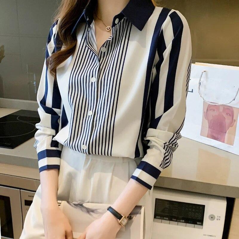 Damen Hemd Blau Gestreifte Blusen Langarm Top Frauen Button Up Polo Neck Kleidung Weibliche Mode Freizeit Hemd