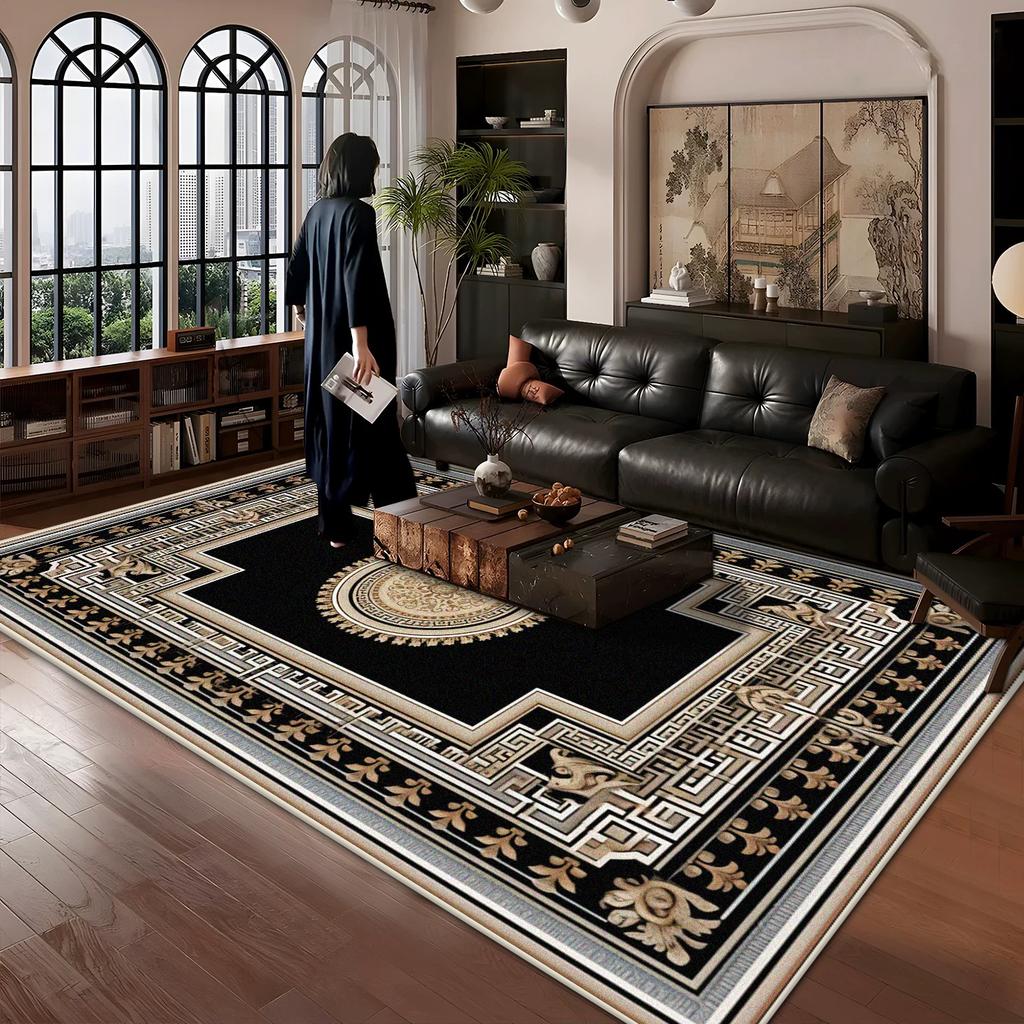 Chinese Style Border Design Carpet Large Area Living Room Antiskid Decoration Rugs Black Bedroom Washable Foot Mat Customizable