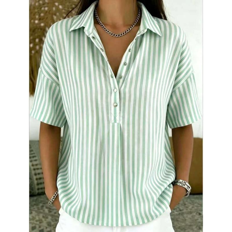 TIFICY Women's Fashion Casual Summer Spring Stripe Print Short Sleeve POLO Neck Blouses & Shirts